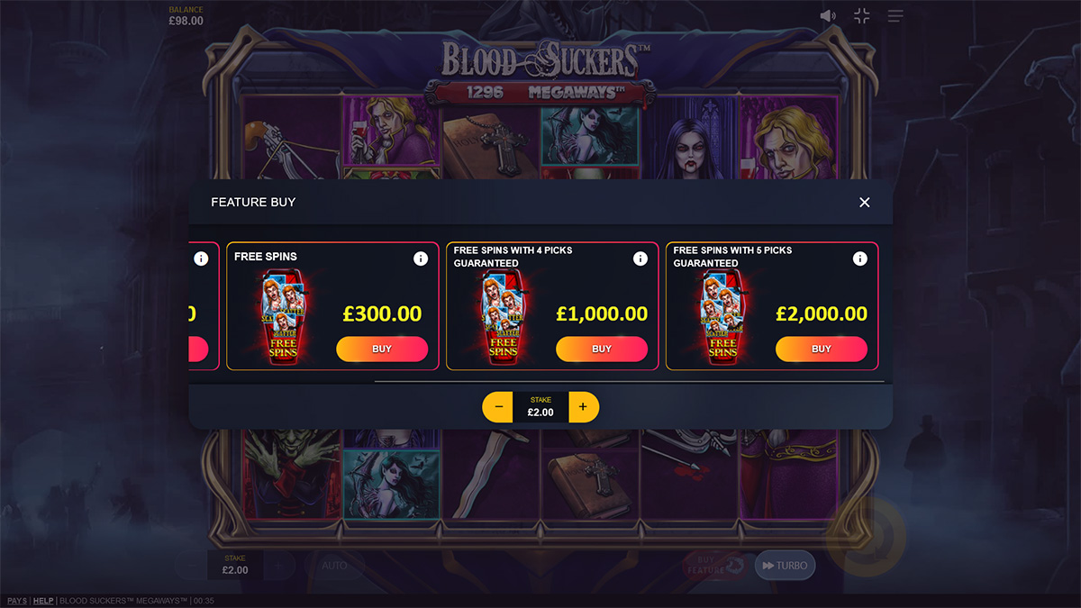 Blood Suckers Megaways slot game by Red Tiger Gaming, feature buy with slider at position 2